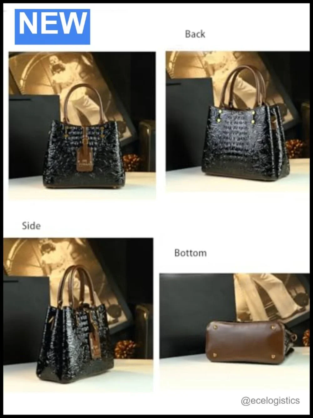 Crocodile-Print Leather Top Handle Bag Satchel Handbag Women's